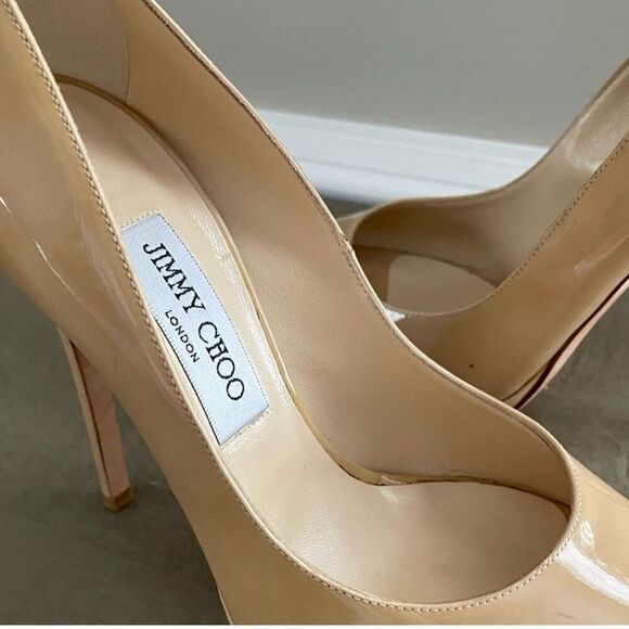 Jimmy Choo Sz 40.5 Open Toe Pump Heels Tan Patent Leather Classic Iconic Formal - Picture 4 of 16